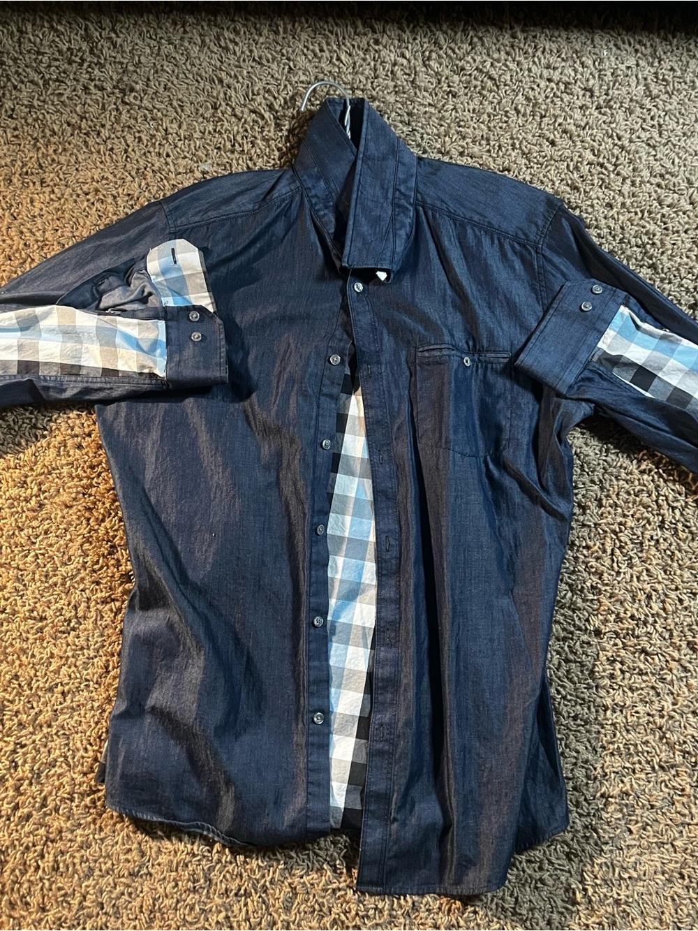 Men's Dark Blue Casual Button-Down Shirt with Checked Accents